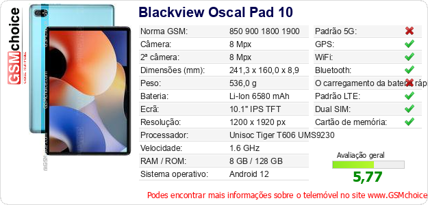 Blackview Oscal Pad 10 Especificações técnicas do telemóvel Blackview Oscal Pad 10 Especificações técnicas do telemóvel