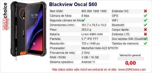 Blackview Oscal S60 Datos técnicos del móvil Blackview Oscal S60 Datos técnicos del móvil