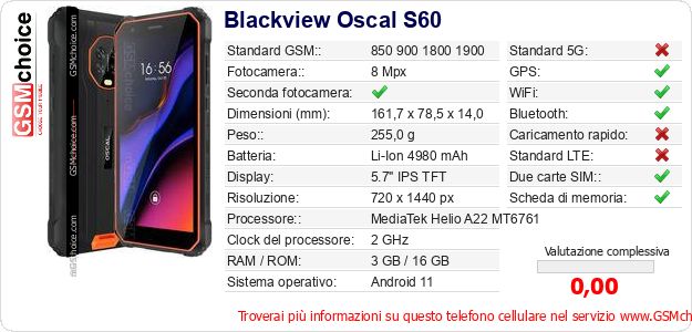 Blackview Oscal S60 Dati tecnici di telefono cellulare 
