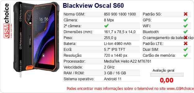 Blackview Oscal S60 Especificações técnicas do telemóvel 
