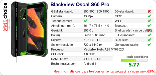 Blackview Oscal S60 Pro Technische gegevens Blackview Oscal S60 Pro Technische gegevens