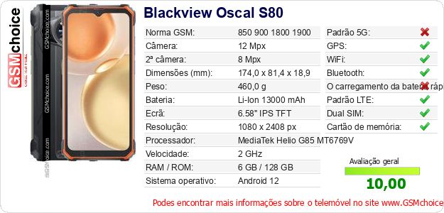 Blackview Oscal S80 Especificações técnicas do telemóvel Blackview Oscal S80 Especificações técnicas do telemóvel