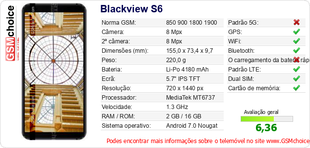 Blackview S6 Especificações técnicas do telemóvel 