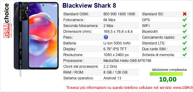 Blackview Shark 8 Dati tecnici di telefono cellulare Blackview Shark 8 Dati tecnici di telefono cellulare