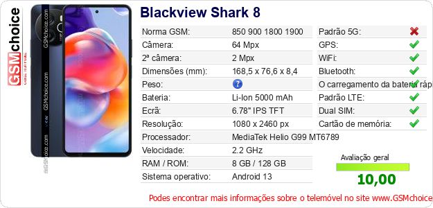 Blackview Shark 8 Especificações técnicas do telemóvel Blackview Shark 8 Especificações técnicas do telemóvel
