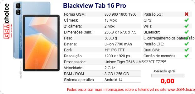 Blackview Tab 16 Pro Especificações técnicas do telemóvel Blackview Tab 16 Pro Especificações técnicas do telemóvel