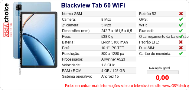 Blackview Tab 60 WiFi Especificações técnicas do telemóvel 