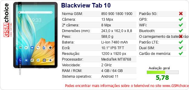 Blackview Tab 10 Especificações técnicas do telemóvel Blackview Tab 10 Especificações técnicas do telemóvel