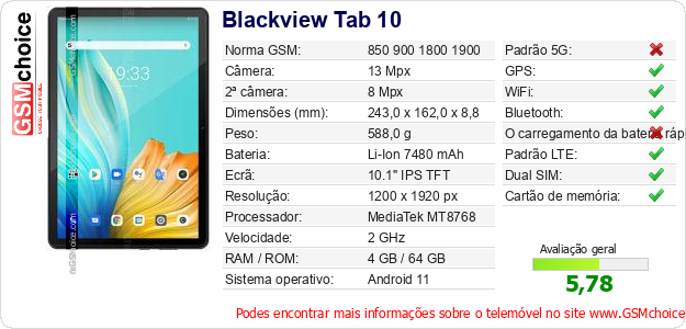 Blackview Tab 10 Especificações técnicas do telemóvel 