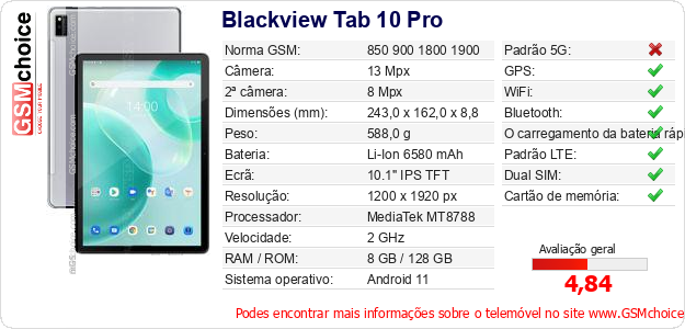 Blackview Tab 10 Pro Especificações técnicas do telemóvel 
