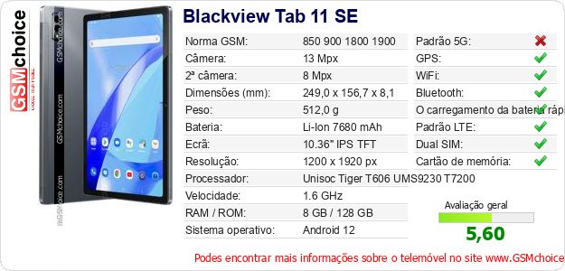 Blackview Tab 11 SE Especificações técnicas do telemóvel Blackview Tab 11 SE Especificações técnicas do telemóvel