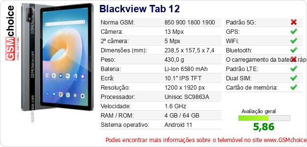 Blackview Tab 12 Especificações técnicas do telemóvel 