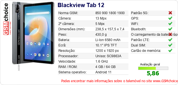 Blackview Tab 12 Especificações técnicas do telemóvel Blackview Tab 12 Especificações técnicas do telemóvel