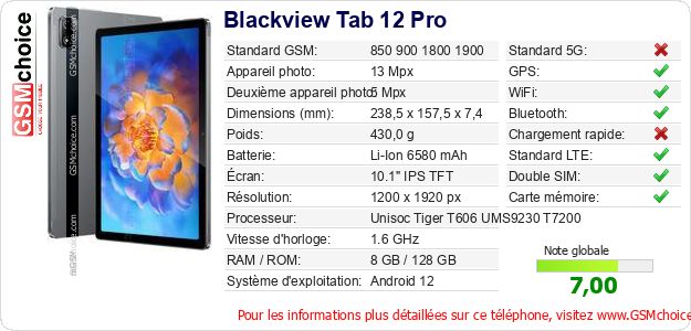 Blackview Tab 12 Pro Fiche technique Blackview Tab 12 Pro Fiche technique