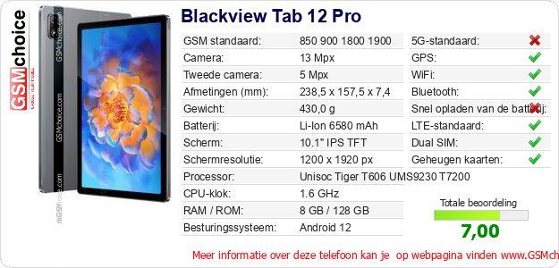 Blackview Tab 12 Pro Technische gegevens Blackview Tab 12 Pro Technische gegevens