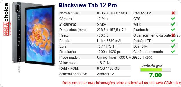Blackview Tab 12 Pro Especificações técnicas do telemóvel 