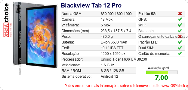 Blackview Tab 12 Pro Especificações técnicas do telemóvel 