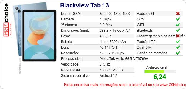 Blackview Tab 13 Especificações técnicas do telemóvel 