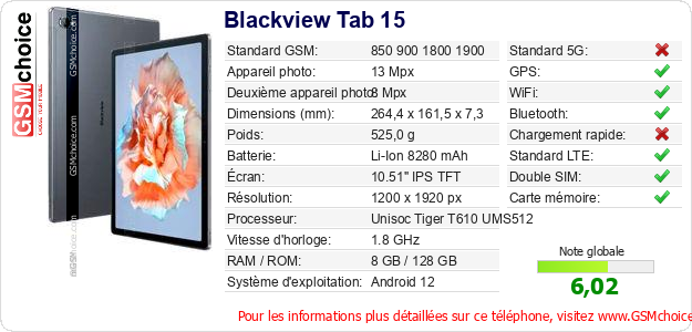 Blackview Tab 15 Fiche technique Blackview Tab 15 Fiche technique