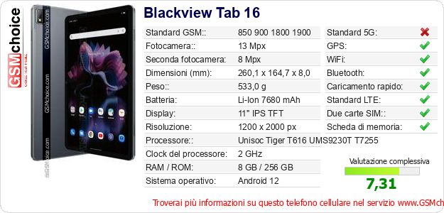 Blackview Tab 16 Dati tecnici di telefono cellulare Blackview Tab 16 Dati tecnici di telefono cellulare