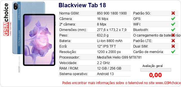 Blackview Tab 18 Especificações técnicas do telemóvel Blackview Tab 18 Especificações técnicas do telemóvel