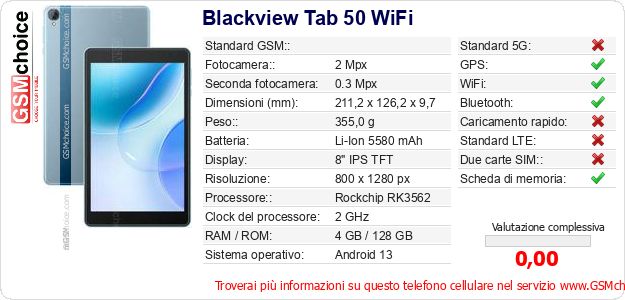 Blackview Tab 50 WiFi Dati tecnici di telefono cellulare Blackview Tab 50 WiFi Dati tecnici di telefono cellulare