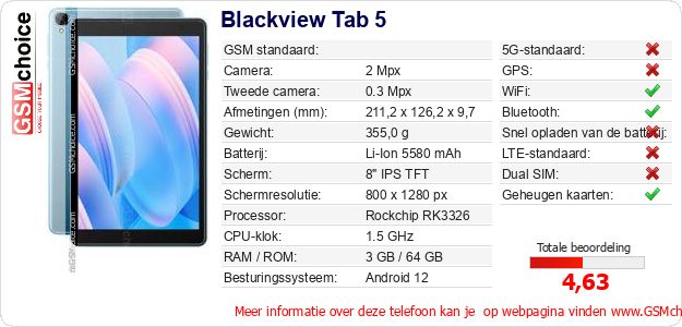 Blackview Tab 5 Technische gegevens Blackview Tab 5 Technische gegevens