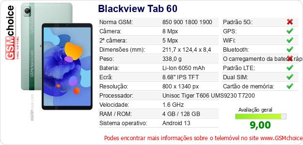 Blackview Tab 60 Especificações técnicas do telemóvel 