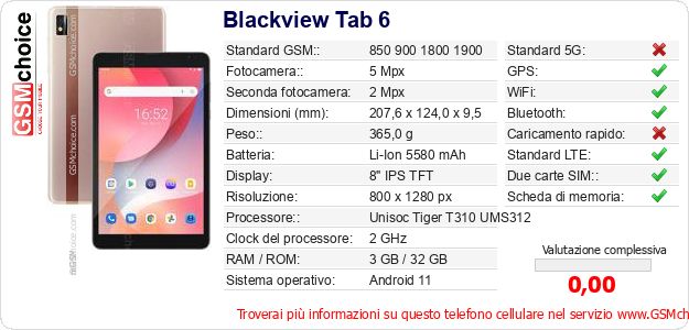 Blackview Tab 6 Dati tecnici di telefono cellulare 