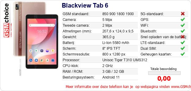 Blackview Tab 6 Technische gegevens 