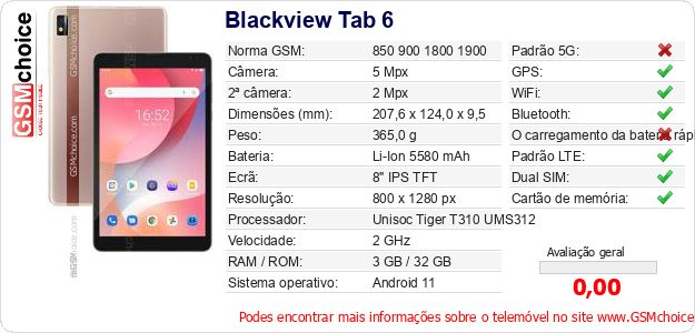 Blackview Tab 6 Especificações técnicas do telemóvel 