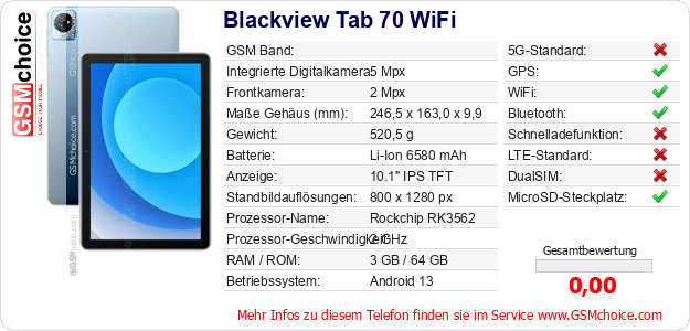 Blackview Tab 70 WiFi technische Daten Blackview Tab 70 WiFi technische Daten