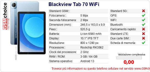 Blackview Tab 70 WiFi Dati tecnici di telefono cellulare Blackview Tab 70 WiFi Dati tecnici di telefono cellulare