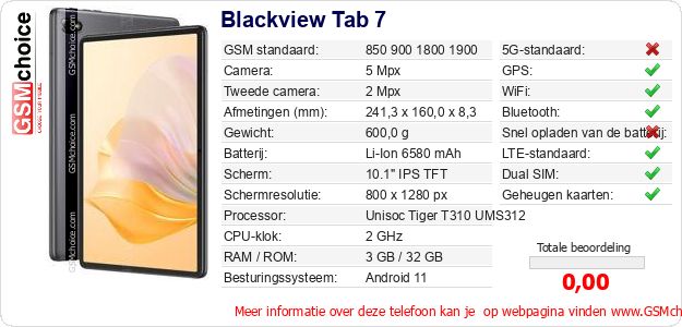 Blackview Tab 7 Technische gegevens 