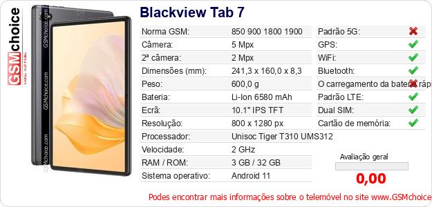 Blackview Tab 7 Especificações técnicas do telemóvel 