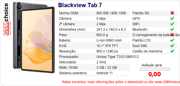 Blackview Tab 7 Especificações técnicas do telemóvel Blackview Tab 7 Especificações técnicas do telemóvel