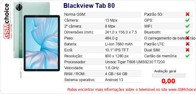 Blackview Tab 80 Especificações técnicas do telemóvel Blackview Tab 80 Especificações técnicas do telemóvel