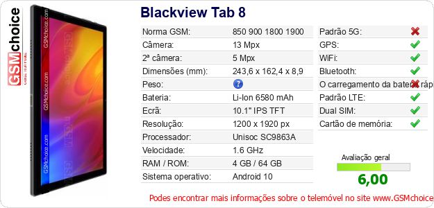 Blackview Tab 8 Especificações técnicas do telemóvel Blackview Tab 8 Especificações técnicas do telemóvel