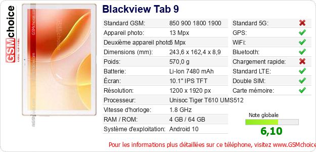 Blackview Tab 9 Fiche technique