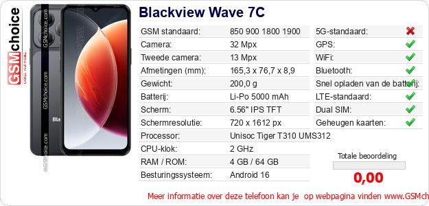 Blackview Wave 7C Technische gegevens Blackview Wave 7C Technische gegevens