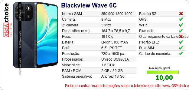 Blackview Wave 6C Especificações técnicas do telemóvel 