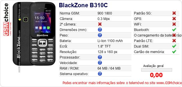 BlackZone B310C Especificações técnicas do telemóvel BlackZone B310C Especificações técnicas do telemóvel