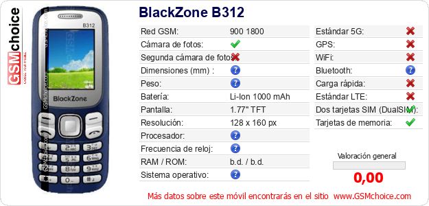 BlackZone B312 Datos técnicos del móvil BlackZone B312 Datos técnicos del móvil