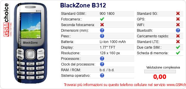 BlackZone B312 Dati tecnici di telefono cellulare BlackZone B312 Dati tecnici di telefono cellulare