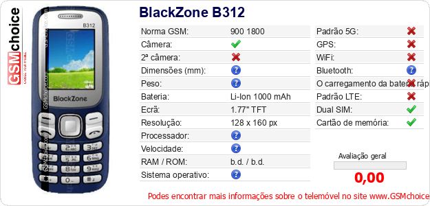 BlackZone B312 Especificações técnicas do telemóvel BlackZone B312 Especificações técnicas do telemóvel