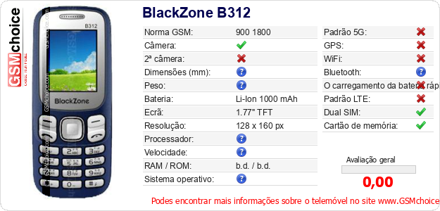 BlackZone B312 Especificações técnicas do telemóvel BlackZone B312 Especificações técnicas do telemóvel