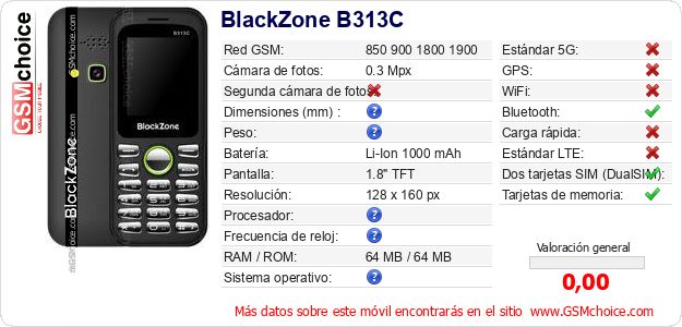 BlackZone B313C Datos técnicos del móvil BlackZone B313C Datos técnicos del móvil