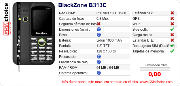 BlackZone B313C Datos técnicos del móvil 