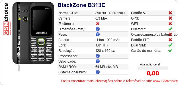 BlackZone B313C Especificações técnicas do telemóvel BlackZone B313C Especificações técnicas do telemóvel