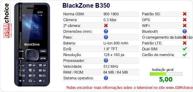 BlackZone B350 Especificações técnicas do telemóvel BlackZone B350 Especificações técnicas do telemóvel